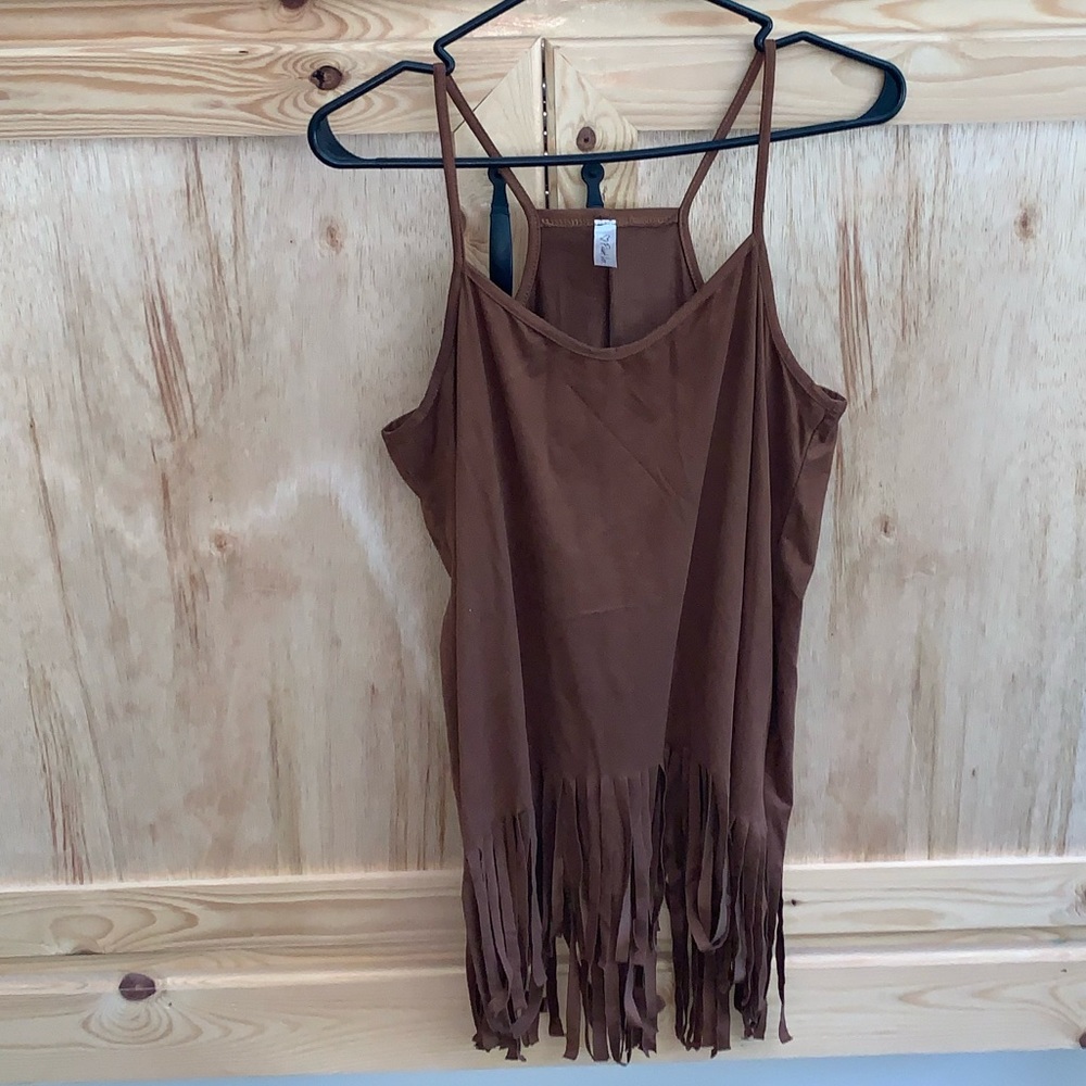 First look brown faux soft suede fringed racerback style shirt size S